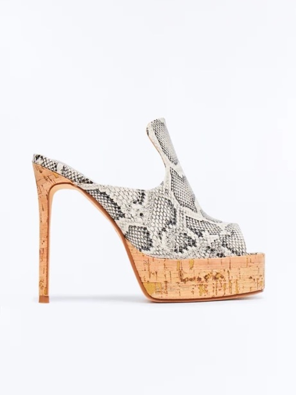 Snake-Print Cork Platform Mule Heels - White/Beige